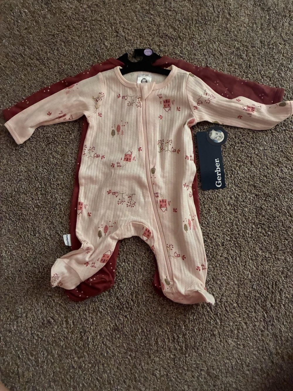 Gerber Pink and Burgundy Footed PJs- Woodland Print